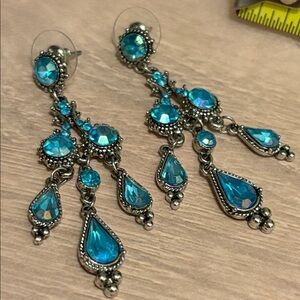 Gorgeous, blue chandelier, earrings, gunmetal  tone